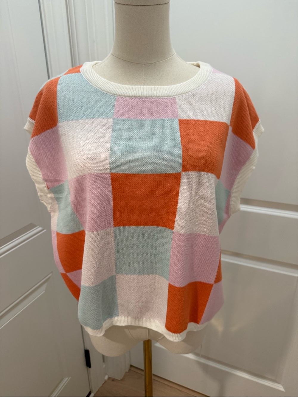 Colorblock Knit Sweater Vest in Orange, Pink & Mint